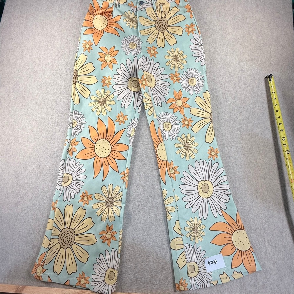 Retro Floral Flare Leg Pants High Waisted Daisy Sunflower Print Blue Orange M